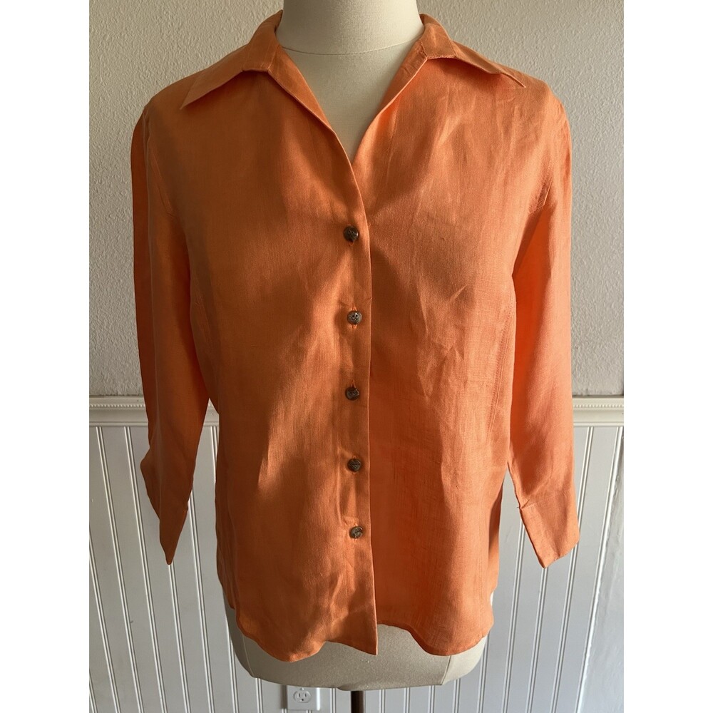 David N Vintage Button Up Long Sleeve Collared Blouse 100% Linen Orange L